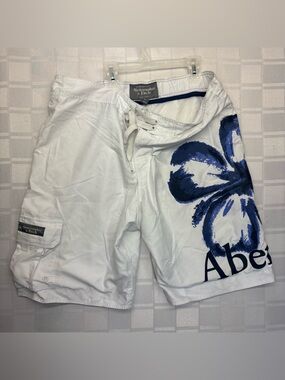 Abercrombie & Fitch White Swim Shorts with Blue Floral Accent